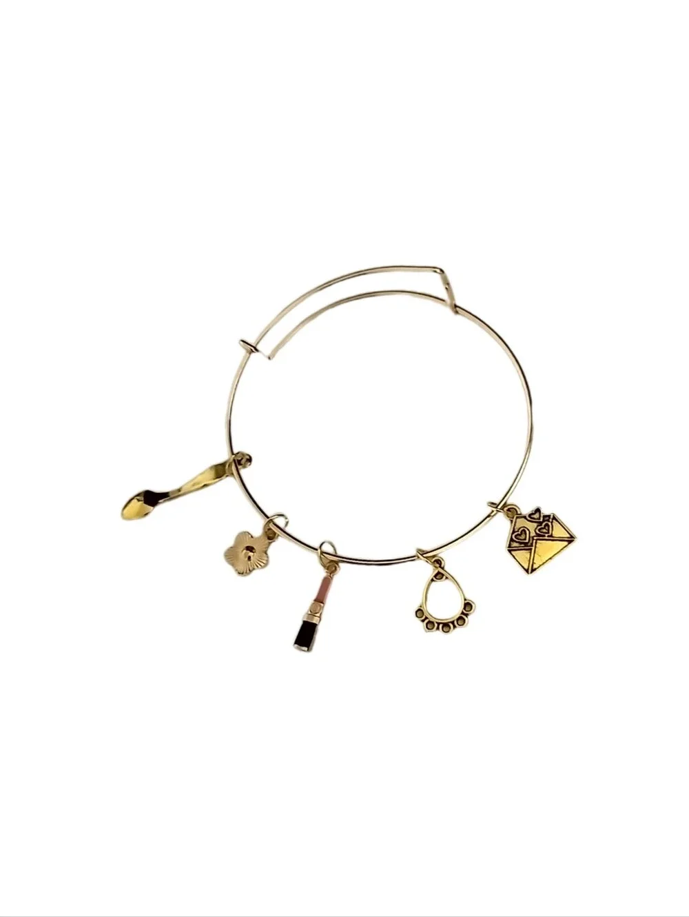 Adjustable Gold Charm Bangle Bracelet w/ Lipstick, Flower, Envelope Charms NWOT